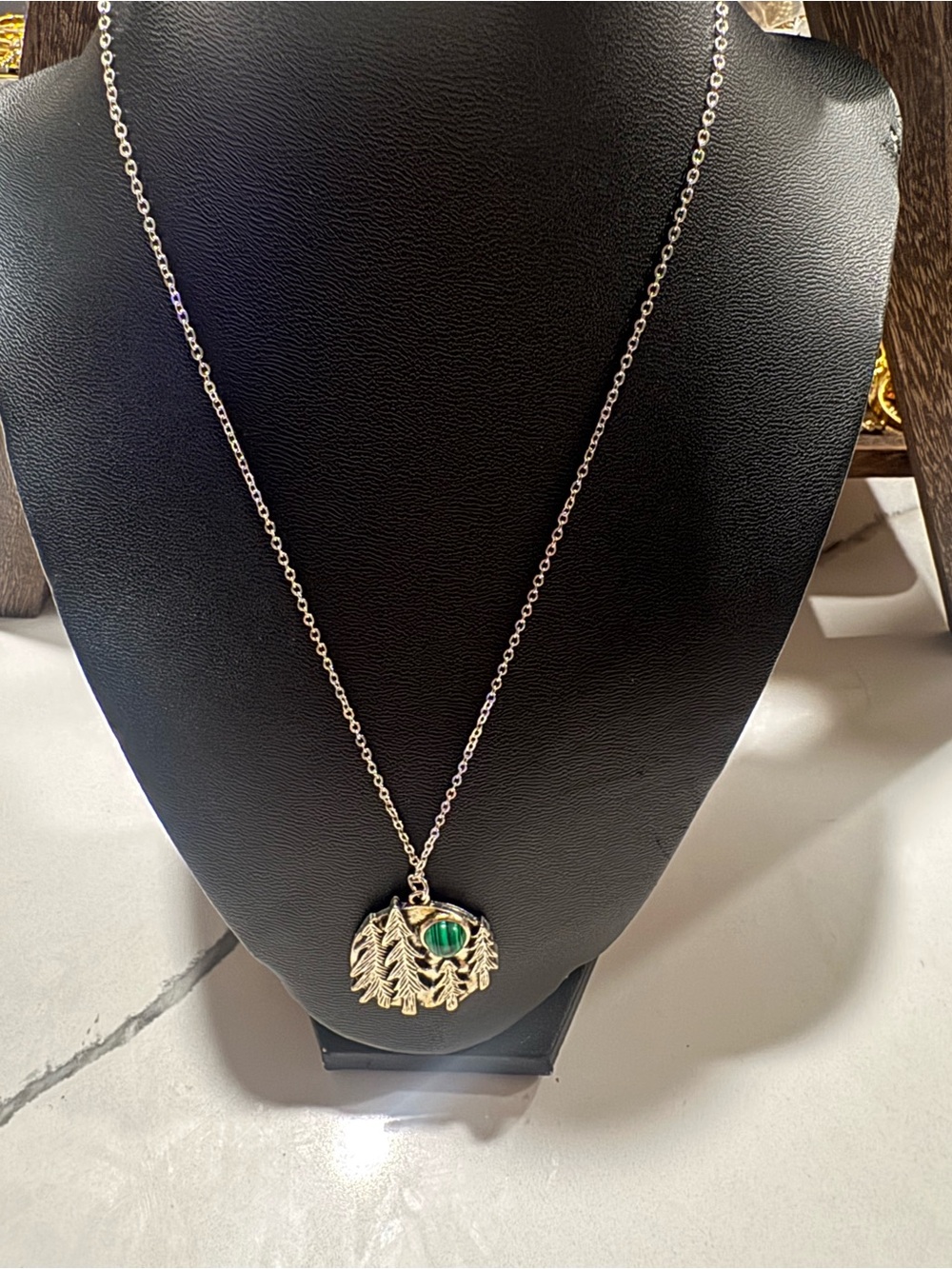 Stainless steel tree Pendant Necklace with Green Stone